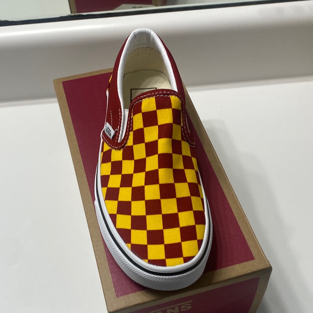 Vans Bold Red and Yellow Checkered Slip-Ons